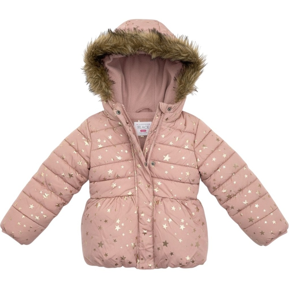 The Childrens Place Girls Pink Metallic Gold Star Puffer Jacket Faux Fur Hood 4T